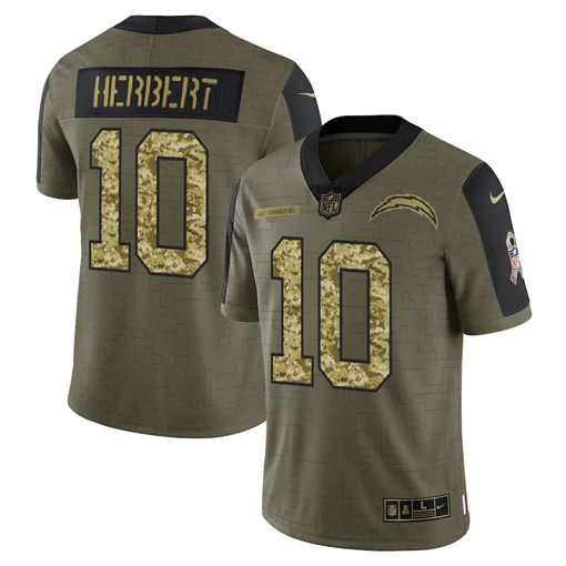 Men's Los Angeles Chargers #10 Justin Herbert 2021 Olive Camo Salute To Service Limited Stitched Jersey